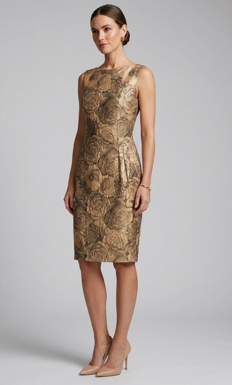 Ellen Tracy Knee Length Sheath Dress Gold and Black Sleeveless 6 Luxury